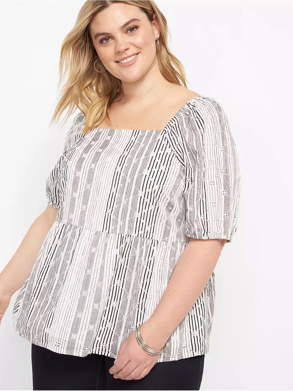 Lane Bryant Black & White Square Neck Eyelet Peplum Top. Plus Size 24